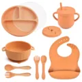 Silicone baby feeding set 9 piece toddler suction plate bowl cup fork spoon bib orange kitchen - Y25 Set: Plate, Lid, Ear Bowl, Bib, Sippy Cup, Snack Lid, Silicone Spoon & Fork, Wood Handle Spoon & Fork