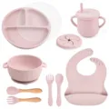 Baby silicone feeding set 9-piece toddler suction plate bowl spoon fork bib cup pink - Y26 Set: Plate, Lid, Ear Bowl, Bib, Sippy Cup, Snack Lid, Silicone Spoon & Fork, Wood Handle Spoon & Fork