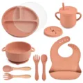 Silicone baby feeding set with suction plate, bowl, cup, bib, spoon and fork for toddlers - Y27 Set: Plate, Lid, Ear Bowl, Bib, Sippy Cup, Snack Lid, Silicone Spoon & Fork, Wood Handle Spoon & Fork