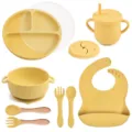 9-piece silicone baby feeding set with divided plate, suction bowl, cup, bib, and spoons. - Y28 Set: Plate, Lid, Ear Bowl, Bib, Sippy Cup, Snack Lid, Silicone Spoon & Fork, Wood Handle Spoon & Fork