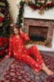 Women Christmas pajama set long sleeve button down sleepwear festive holiday loungewear. - S / Red