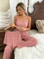 Pink heart print three piece pajama set with lace cami, long pants and shorts for women. - Deep Pink