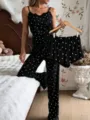 Women three piece sleepwear set black heart print cami top long pants and shorts detail view - S / Black