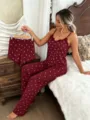 Women 3-piece pajama set sexy lace camisole pants and shorts loungewear sleepwear comfy - Burgundy