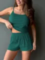 Dames effen geribbelde hemdje short set donkergroen comfortabele loungekleding. - Donkergroen