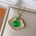 Gold-plated green stone ruyi lock pendant necklace with sparkling cubic zirconia detailing. - Gold Green Chalcedony Pendant (With Chain)