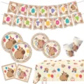 Cute cartoon capybara themed kids birthday party supplies including plates cups and banner flags. - 6-Piece Set (7-inch Plate 10 + 9-inch Plate 10 + Napkin 20 + Cup 10 + Tablecloth 1 + Banner 1)