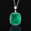 Exquisite cushion cut green gemstone pendant necklace with dazzling halo zirconia details. - Pendant With Chain / Emerald