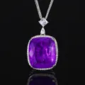 Elegant cushion-cut purple gemstone pendant necklace with brilliant pavé diamonds halo. - Pendant With Chain / Purple