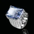 Primo piano dettagliato di un grande anello luminoso con fascia di pietre scintillanti. - Taglia 6 / Blu