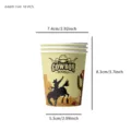 Detailansicht der Western Cowboy Motiv Pappbecher mit Maßen und Cowboy Rodeo Silhouette. - 10-Teilige Cowboy Becher