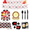 Kasino Poker Thema Geburtstag Party Zubehör Set mit Banner Teller Bechern Tischdecke - 9-teiliges Set (7-Zoll-Teller 10P+9-Zoll-Teller 10P+Servietten 20P+Becher 10P+Tischdecke 1P+Banner 15P+Besteck je 10)