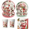 Vintage Kerst wegwerp papieren borden bekers servies feest servies set decoratie - 7" + 9" Borden + papieren bekers + servetten