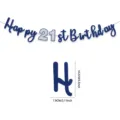 Blue 21st birthday party banner with glitter letters and detailed size guide for celebration. - 21st Birthday Banner