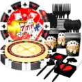 Kasino Poker Party Geschirr Set mit Papptellern Bechern Servietten und schwarzem Besteck. - 7-teiliges Set (7-Zoll-Teller 10P+9-Zoll-Teller 10P+Servietten 20P+Becher 10P+Besteck je 10)