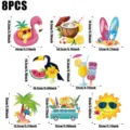 Summer beach party decoration cutouts set, tropical flamingo and cocktail designs with clear size details. - Hawaiian Swirls / Set of 8