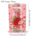 Strawberry printed plastic gift bag detail view, 10pcs set, pink aesthetic design. - 10 Pieces Pack