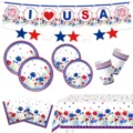 Amerikanische Blumen Unabhängigkeitstag Party Geschirr Set, Banner, Teller, Becher, Tischdecke. - 7-teiliges Set A (Mit Tischdecke & Banner) / 7 Zoll Tellerx10, 9 Zoll Tellerx10, Serviettenx20, Becherx10, Tischdeckex1, Bannerx1, Sternbannerx8