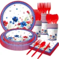 Amerikanisches Blumen 4. Juli Party Geschirr Set, mit Tellern, Bechern und Servietten. - 7-teiliges Set C (Mit Besteck) / 7 Zoll Tellerx10, 9 Zoll Tellerx10, Serviettenx20, Becherx10, Bestecksetx30