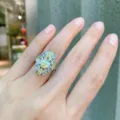 Primer plano de anillo de cóctel vintage con piedra central amarilla y circonitas marquise. - Anillo de Cluster Amarillo