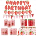 Strawberry themed birthday party decoration set including banner bunting bags and tablecloth - Tablecloth + Banner + Pennant + Gift Bags / Four-Piece Set