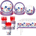 Unabhaengigkeitstag Blumen Party Einweggeschirr Set Pappteller Becher Servietten Tischdecke. - 8-teiliges Set (Mit Tischdecke & Besteck) / 7 Zoll Tellerx10, 9 Zoll Tellerx10, Serviettenx20, Becherx10, Tischdeckex1, Bestecksetx30