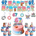 Set di decorazioni per festa di compleanno tema Donut 67 con banner e topper per torta - Set da 4 Pezzi (Banner/Cake Topper/Spirali)