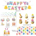 Osterparty Dekoration Set Banner Kuchendecke Tischdecke niedliches Hasen Design - Fünfteiliges Set 01 (Banner+Großer Aufsatz+Kleiner Aufsatz+Wirbel+Tischdecke)