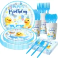 Niedliches gelbe Ente Geburtstag Party Geschirr Set mit Papptellern, Bechern und Servietten. - Kleines Gelbes Enten-Stil / 7-teiliges Set (7-Zoll-Teller 10 + 9-Zoll-Teller 10 + Serviette 20 + Pappbecher 10 + Besteck 30)