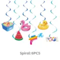 Summer pool beach party hanging swirls decorations, perfect for birthday party supplies. - Swimsuit Party Hanging Swirls 6 Pieces