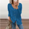 Dames blauwe v-hals gebreid vest lang mouw enkelrijige knoop trui casual top dagelijks dragen - S / Blauw