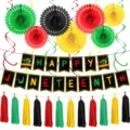 Juneteenth party decoration details, colorful paper fans and banners, festive celebration display. - 4-Piece Party Decoration Set (Juneteenth)