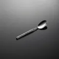 Close-up of stainless steel dessert spoon with hammered handle texture, elegant tabletop detail. - Tea Spoon