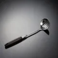 Stainless steel slotted spoon kitchen cooking utensil, elegant wooden handle detail. - Slotted Spoon