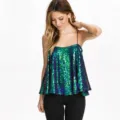 Women fashion sequin camisole top casual loose sparkle party clubwear shiny tank shirt - S / Malachite green