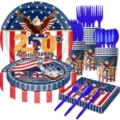 US 250. Jubiläum patriotisches Einweggeschirr Set mit Papptellern Bechern und Servietten - 7-teiliges Besteckset / 7-teiliges Set