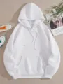 Gedetailleerd uitzicht van effen witte hoodie met handige zak en verstelbaar trekkoord. - S / Wit