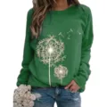 Dames groen lang mouw sweatshirt met paardenbloem print ronde hals casual top. - S / Groen