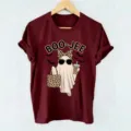 Vintage Halloween ghost graphic short sleeve t-shirt for women, casual crewneck top. - Burgundy