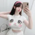 Lindo top corto blanco con estampado de ojos de anime mujer manga corta corte slim - S / Estilo 7