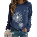 Close-up met detail van de witte paardenbloemprint op dit casual blauwe sweatshirt met lange mouwen. - Marineblauw