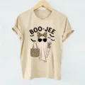 Women's casual short sleeve beige graphic t-shirt with cute Halloween ghost print tops. - Apricot
