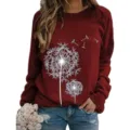 Dames casual lange mouw ronde hals sweatshirt met witte paardenbloem print, losse herfst top. - Baksteenrood