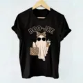 Women Halloween Ghost Print Short Sleeve T-Shirt Casual Cute Leopard Bow Black Tee Top - S / Black