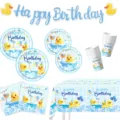 Niedliches gelbes Ente Geburtstag Party Deko Set mit Banner Teller Becher und Servietten - Kleines Gelbes Enten-Stil / 6-teiliges Set (7-Zoll-Teller 10 + 9-Zoll-Teller 10 + Serviette 20 + Tasse 10 + Tischdecke 1 + Banner 1)