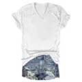 Casual effen V-hals korte mouw t-shirt voor dames met denim shorts detail weergave. - XS / Wit