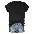 Dames effen kleur V-hals korte mouw t-shirt gecombineerd met gescheurde denim shorts - XS / Zwart