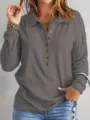 Women grey ribbed long sleeve polo top casual button down knit shirt stylish wear - 3XL / Gray