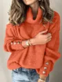 Damen Herbst Winter Rollkragen Ribbstrick Pullover mit Knöpfen Freizeit Oberteil - Ziegelrot