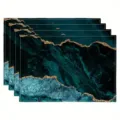 Close-up detail of abstract teal placemat featuring luxurious gold foil veins and neat stitching. - Style 1143